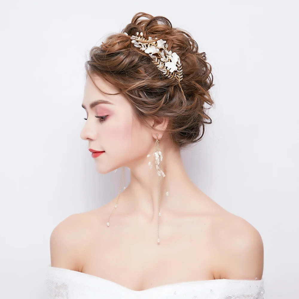 

Vintage Gold Color Headband Rhinestone Beads Headpiece Hair Jewelry Set Long Chain Drop Earrings Leaves Design Headdress Gifts