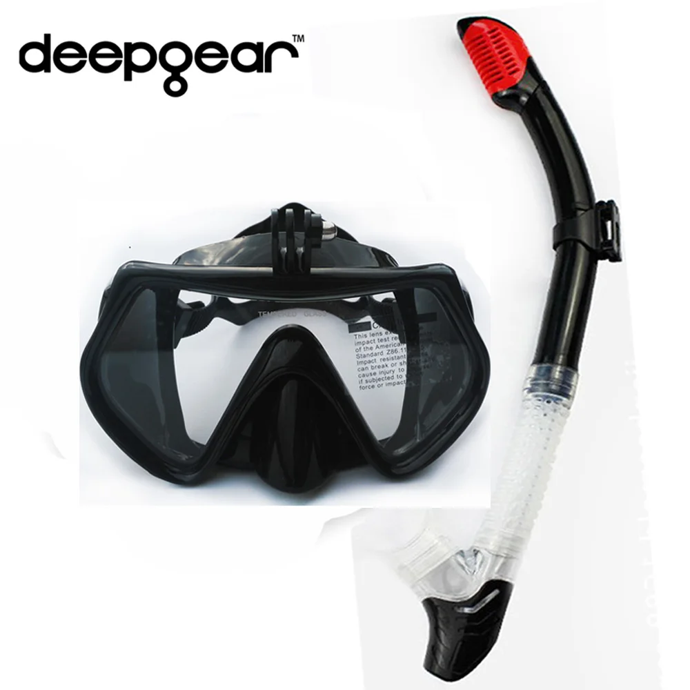 DEEPGEAR камера, маска для подводного плавания, набор для подводного плавания, черная силиконовая маска для подводного плавания с сухой трубкой, закаленное стекло, маска для подводного плавания для Gopro - Цвет: Черный