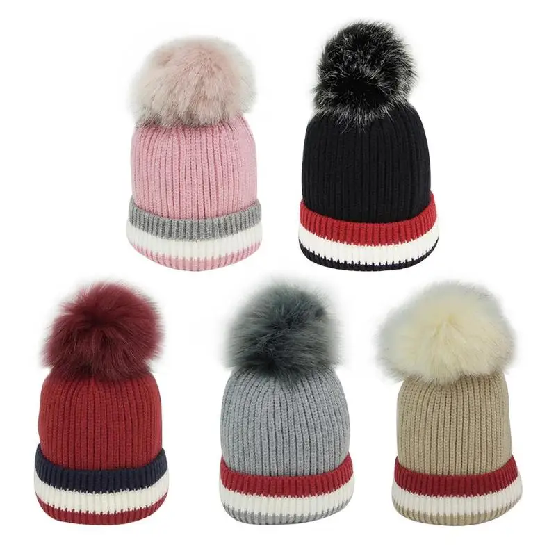 

Warm Baby Girl Knitted Hat Stripe Pompom Pattern Kids Girls Beanies Cap Autumn Winter Children Knit Caps Kids Girls Knitted Hats