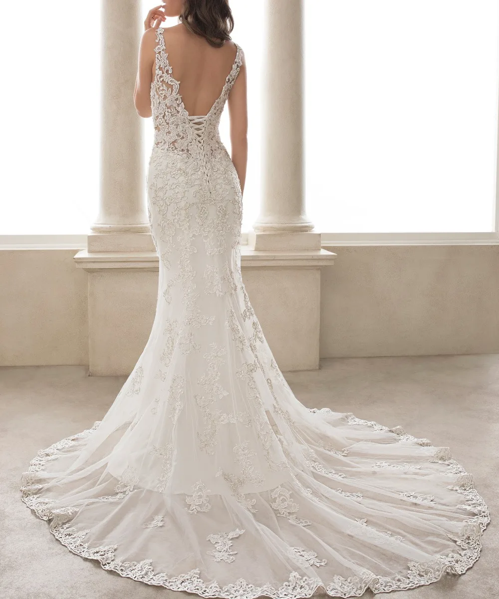 

Robe de mariee Sexy Back Mermaid Wedding Dresses Lace Appliques Bride Dress 2019 Vestido de noiva Chapel Train Hochzeitskleid