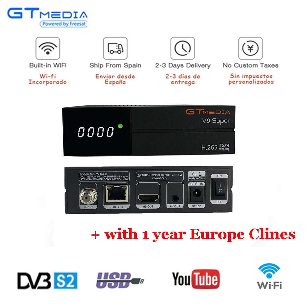 

GTMedia V9 Super Satellite Receiver Bult-in WiFi with 1 Year Spain Europe Cccam Cline Full HD DVB-S2/S Freesat V9 Super Receptor