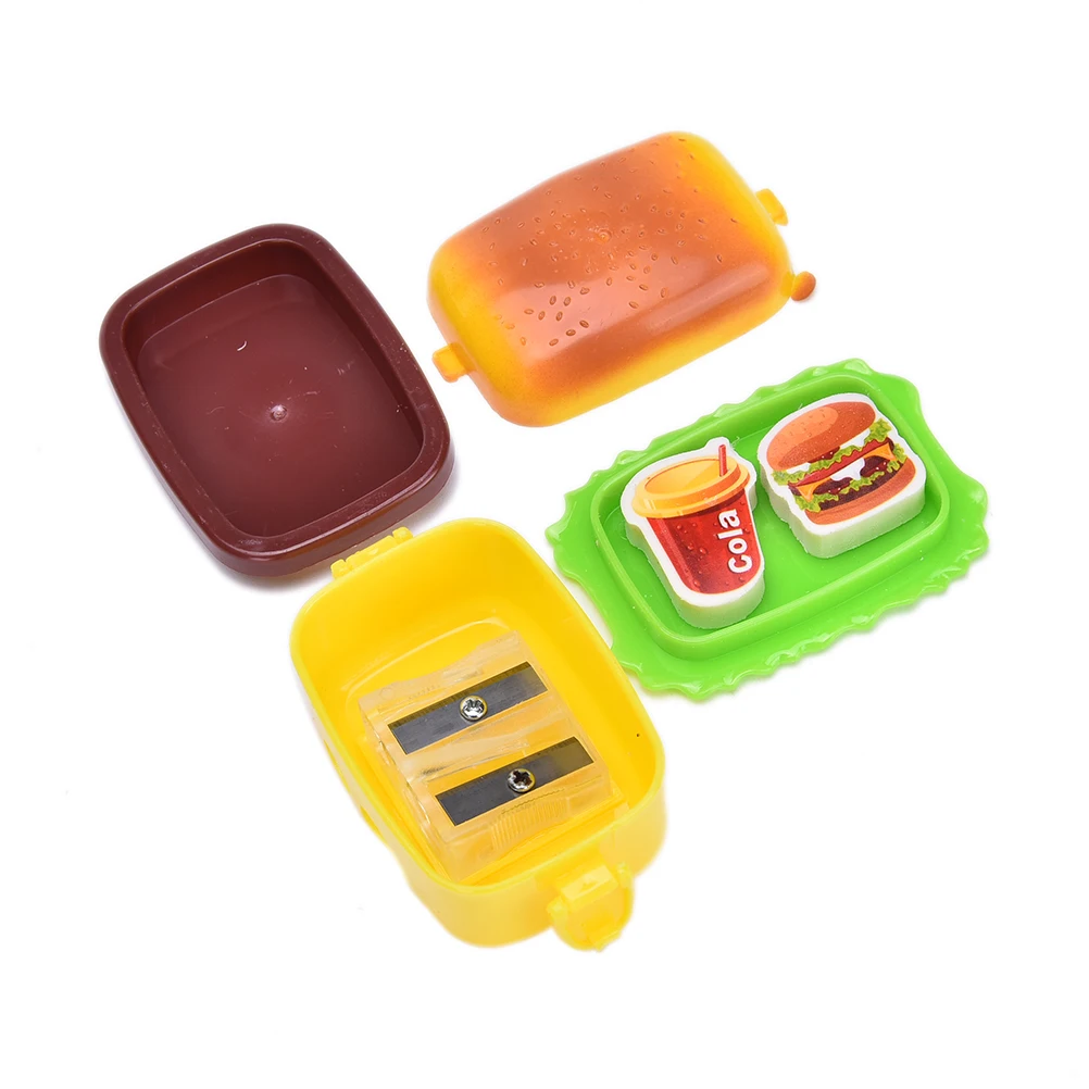 Cute Plastic 2 Hole Hamburger Shape Pencil Sharpener Eraser Rubbers For Children Student School Stationary Accessories