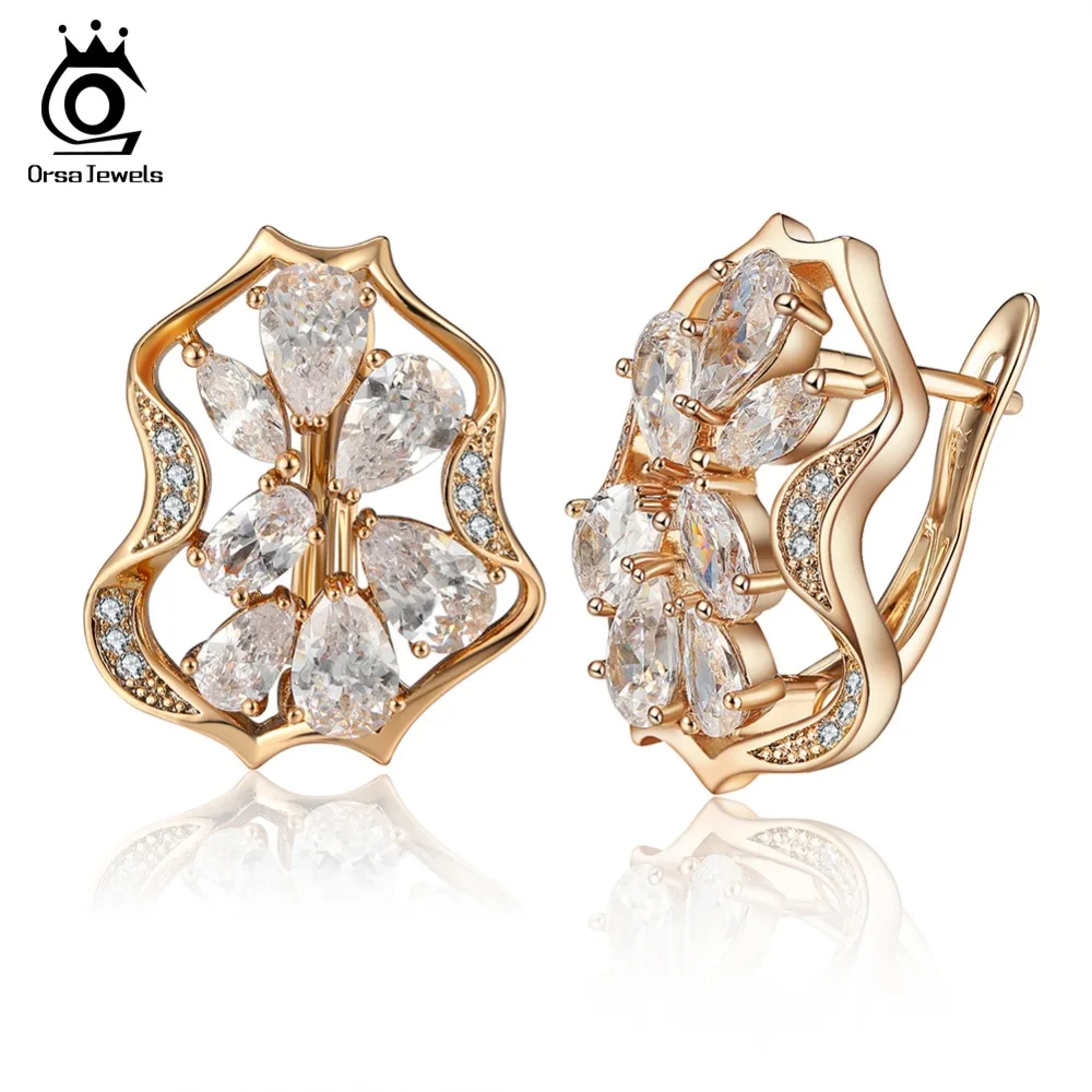 

ORSA JEWELS High Quality Gold-color Women Stud Earrings Shiny AAA Clear Zircon Perfect Polished Fashion Earring Jewelry OME55-W