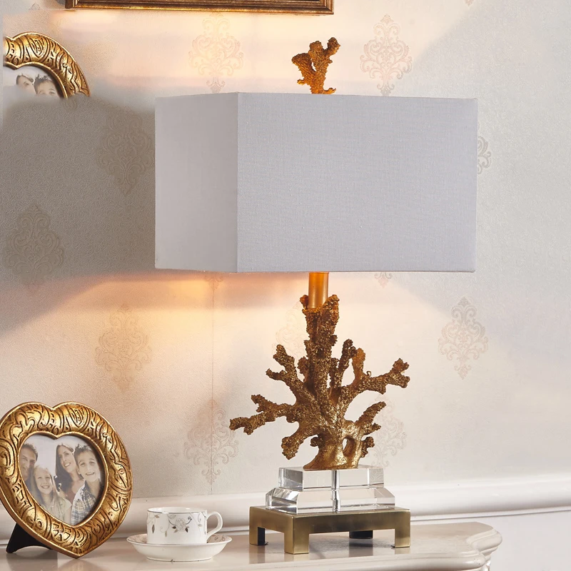 

Luxury Gold Coral Table Lamp Living Room Mediterranean Bedroom Bedside Table Lights 3 Fabric Lampshade Optional Home Lighting