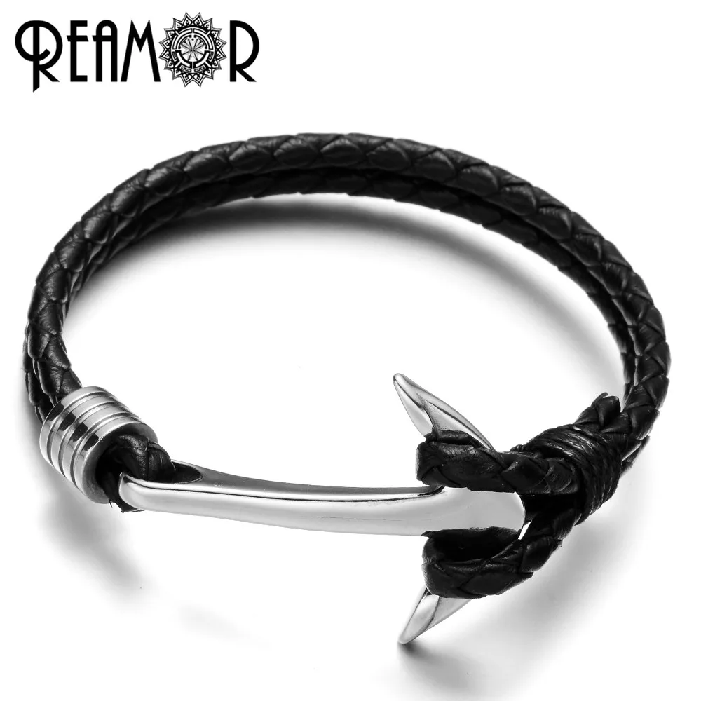 REAMOR 316L из нержавеющей стали простой серебряный цвет якорь кожаный браслет
