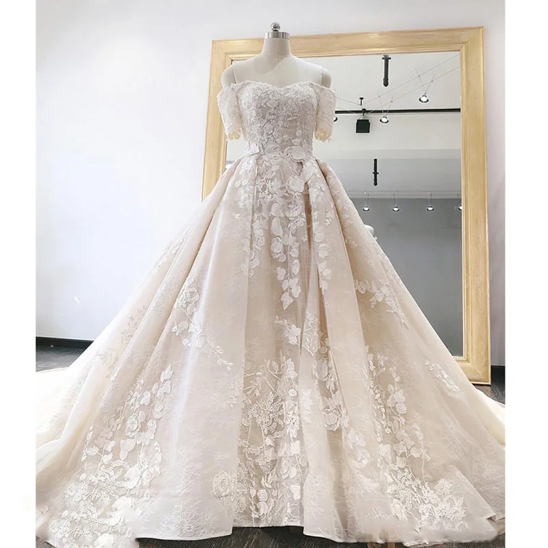 2019 Real Photo Light Champagne Off Shoulder 3D Flower Wedding Dresses Luxury Bridal Gowns Plus Size289