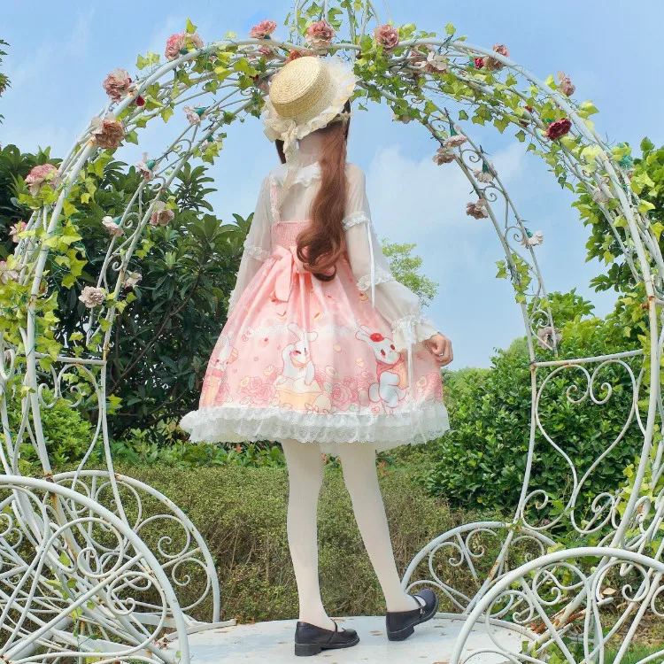 Милое Платье в стиле «лолита» для девочек с принтом «десерт кролик»; платье без рукавов; JSK; Kawaii Bunny; кружевное цельнокроеное платье на бретельках; 3 цвета