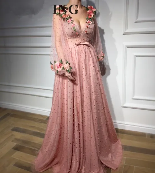 Pink-Muslim-Evening-Dresses-2019-A-line-Long-Sleeves-Tulle-Pearls-Flowers-Islamic-Dubai-Saudi-Arabic
