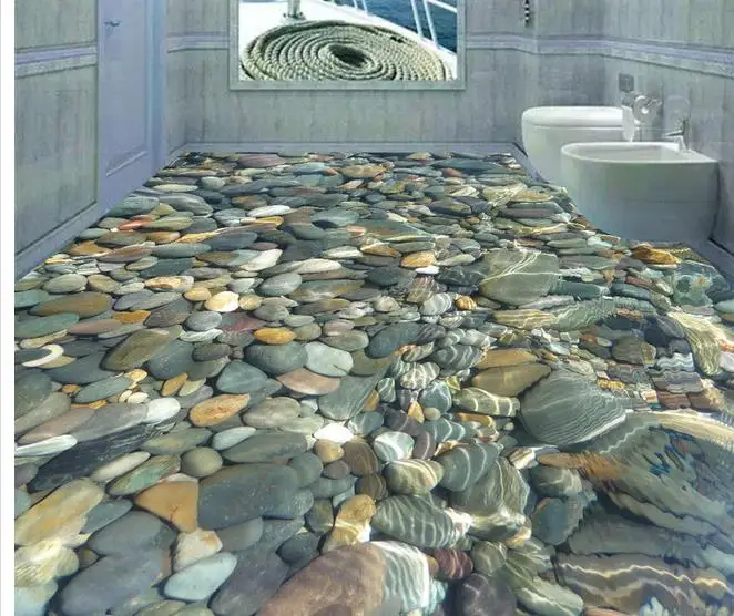 

waterproof wallpaper for bathroom 3D realistic water cobblestone floor tile decorative painting