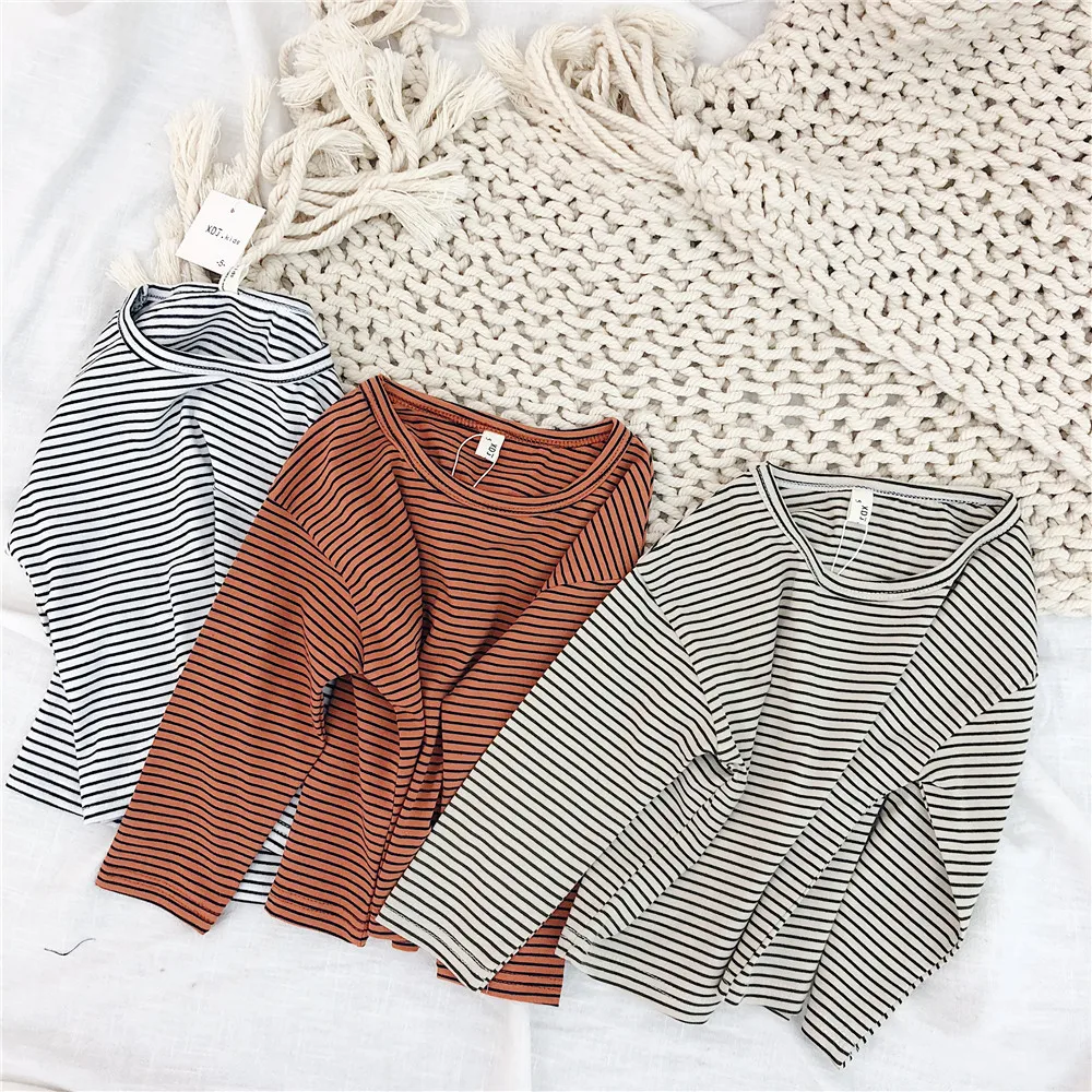 

2019 Spring New Arrival korean style cotton striped all-match casual T-shirt for cute sweet baby girls and boys
