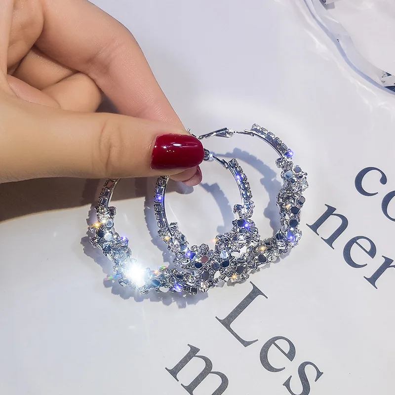 Korean Style Crystal Hoop Earrings for Women Luxury Silver Gold Color Big Earings Wedding Statement Earings Fashion Jewelry