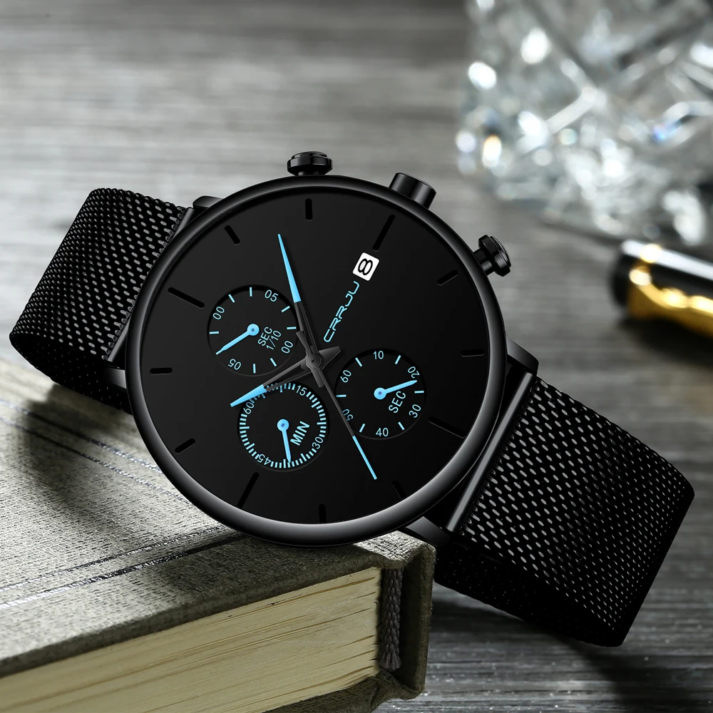 Men Watch Crrju Watches New Sport Military Top Brand Luxury Black Steel Strap Wristwatch Relogio-6