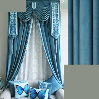 

Custom curtains simple European luxury solid blue color super soft cashmere lace cloth blackout curtain tulle valance N226