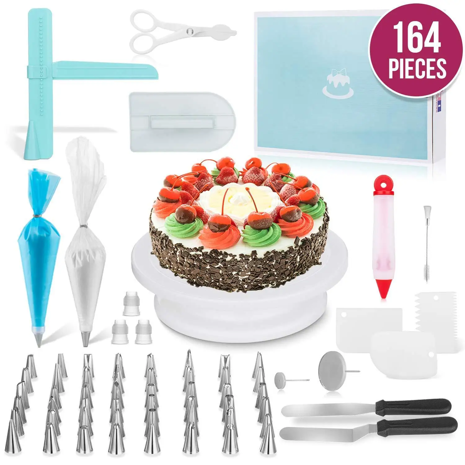 

164pcs DIY Cake Decorating Kit Baking Tools Non-slip Cake Turntable 48 Nozzle Piping Tips Pastry Flower Bags Spatula Flower Nai