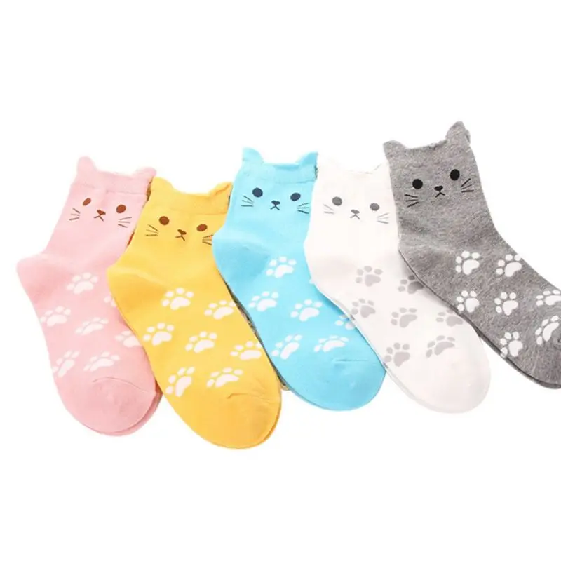 

Women Girls Rib Trim Cotton Long Crew Socks 3D Ears Cute Meow Cat Emoji Paw Printed Sweet Candy Color Jacquard Tube Hosiery