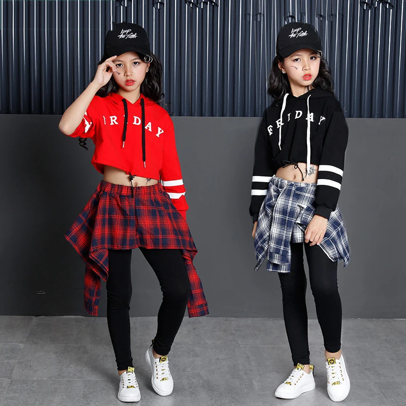 

Girls hip hop dancewear crop hoodies and plaid skirted legging for dancing