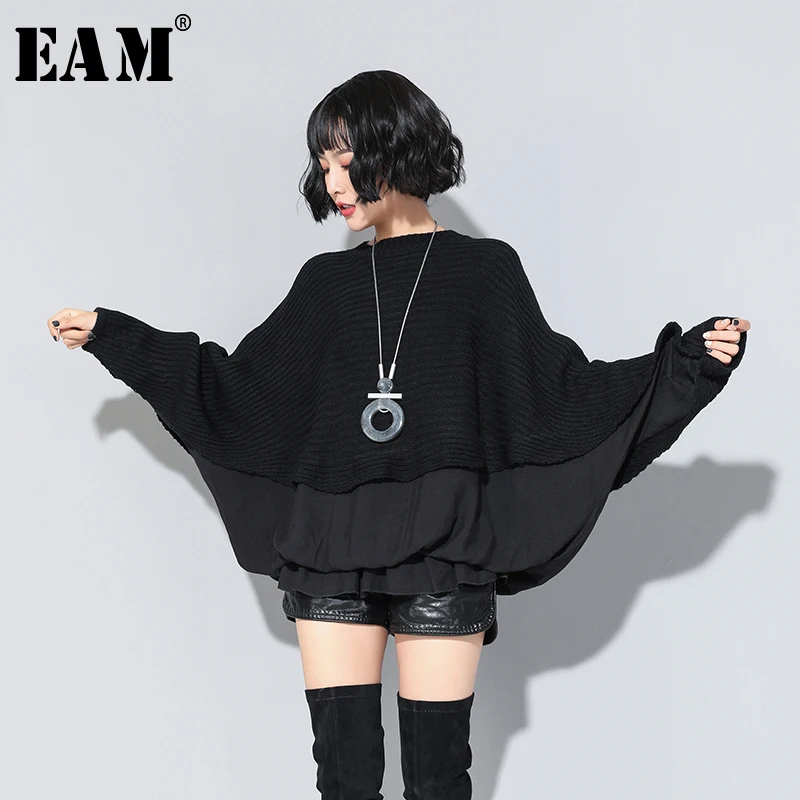 

[EAM] 2019 New Autumn Winter Round Neck Long Batwing Sleeve Spliced Ruffles Loose Big Size Sweatshirt Women Fashion Tide JY911