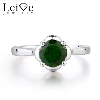 

Leige Jewelry Green Color Natural Diopside Ring Round Shape Vintage Style Ring Wedding Bands Genuine Fine Jewelry 925 Silver