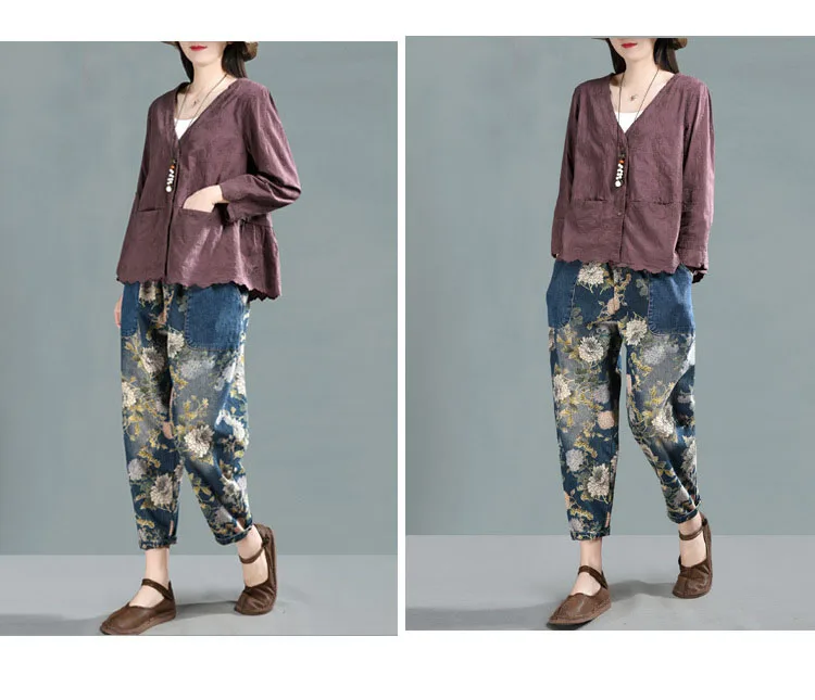 Популярные винтажные стильные женские джинсы с цветочным принтом, свободные Весенние повседневные джинсовые штаны-шаровары длиной до щиколотки с эластичной резинкой на талии, брюки с карманами