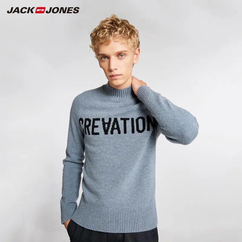 JackJones осень мужской тренд цветочный тканый Повседневный свитер Топ шерсть с буквенным принтом Мужская одежда 218324558 - Цвет: STONE BLUE