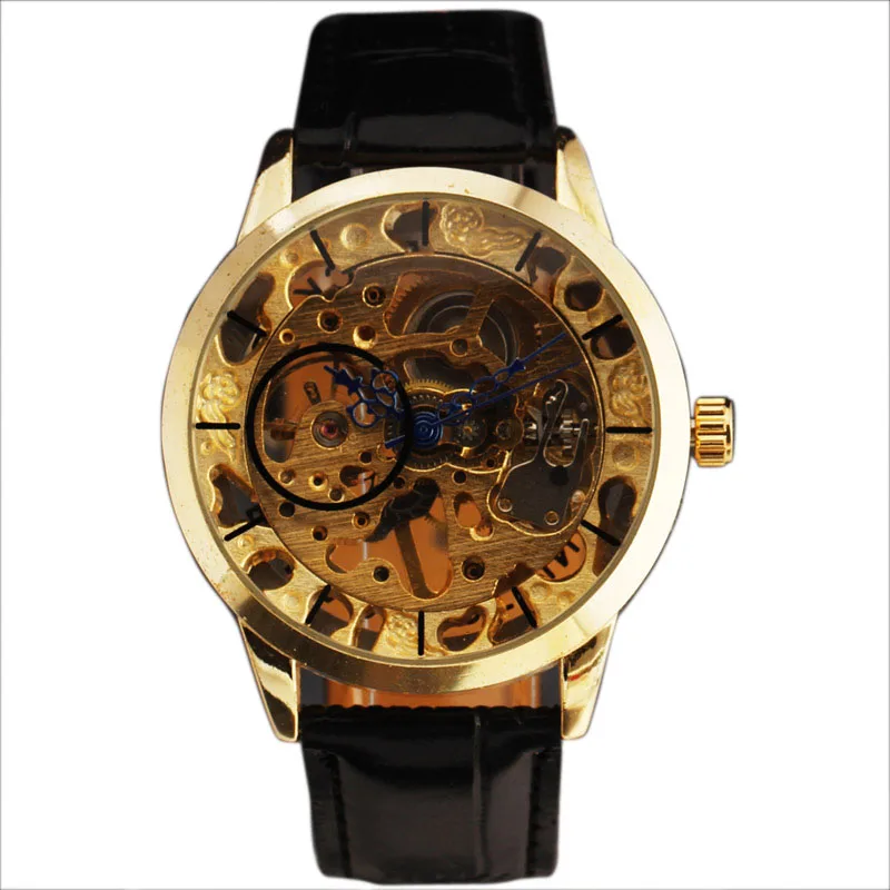 Men s Gold Skeleton Mechanical Watch Winner Wristwatch Man Watches Leather Relogio Masculino Luxury Fashion Casual