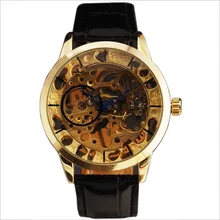 Men s Gold Skeleton Mechanical Watch Winner Wristwatch Man Watches Leather Relogio Masculino Luxury Fashion Casual
