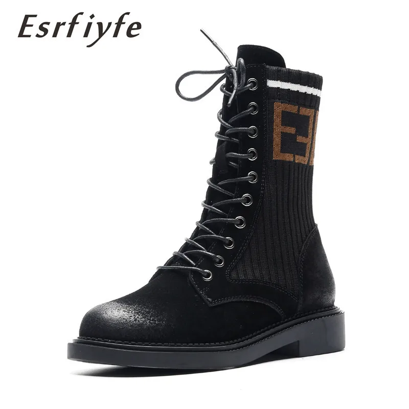 

ESRFIYFE 2019 New Cow Suede Ankle Boots for Women Autumn Square Heel Round Toe Motorcycle Boots Botas Mujer Lace-Up Shoes Woman