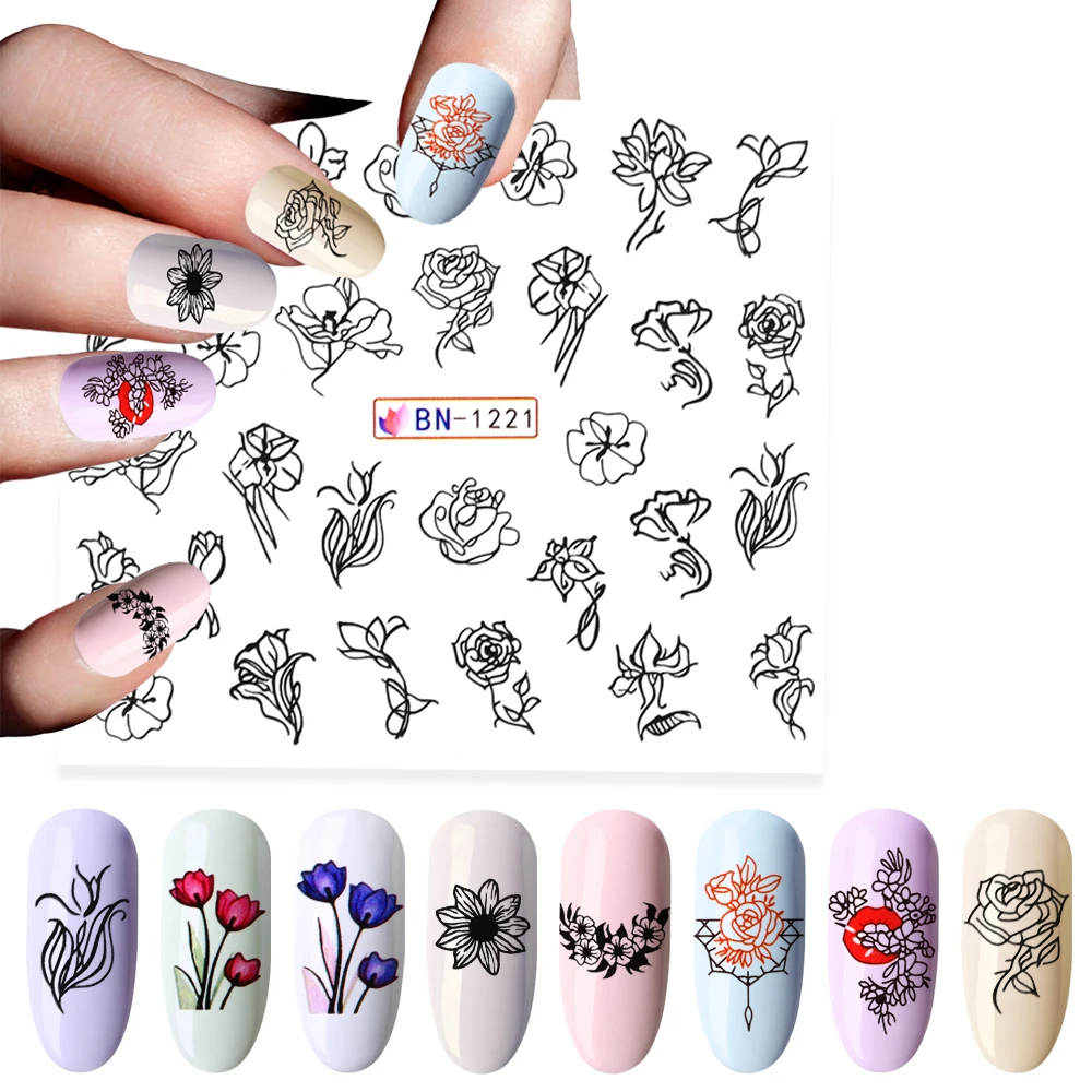 

1pc Black White Flowers Stickers For Nails Green Leaves Water Decal Slider Wraps 3D DIY Manicure Nail Art Tattoo Decor