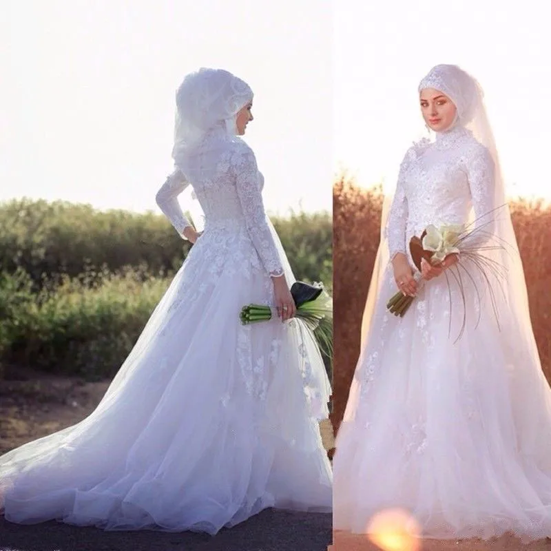 Vestito da sposa новый великолепный арабский свадебное платье dubai длинный рукав высокое средства ухода за кожей шеи тюль невесты платья для женщин