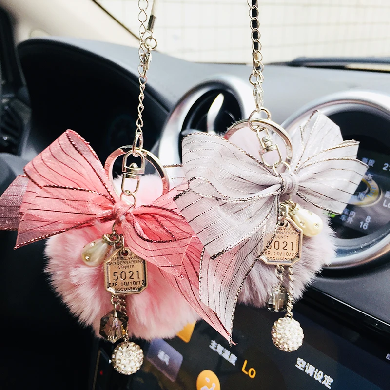 Diamond pendant bow hair ball pendant car rearview mirror decoration car interior accessories girl gifts Diamond pendant bow hair ball pendant car rearview mirror decoration car interior accessories girl gifts