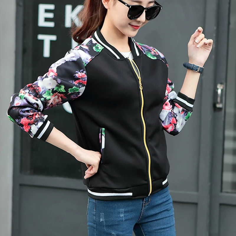 discounted  Flower Print Women Plus Size Jacket Striped Tops Girl Casual Baseball Button Thin Bomber Long Sleev