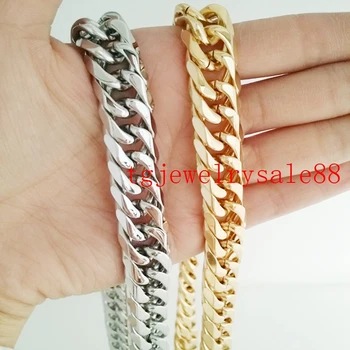 

Fashion Silver Color Gold Color 13/16mm Curb Cuban Chain Necklace Or Bracelet 316L Stainless Steel Biker Men's Jewelry 8-40"