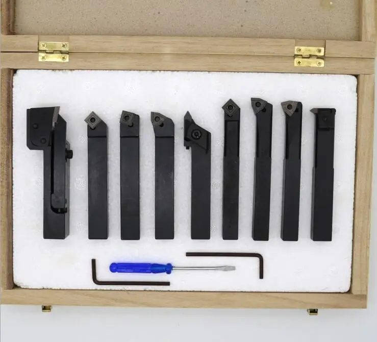 

12mm*12mm 9pcs Turning Tool Indexable Hard Alloy Lathe Tool Kits Cutter Cutting Tools with Wooden Case JB-56