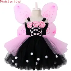 Платье для дня рождения для маленьких девочек с крыльями бабочки, платье-пачка Феи для девочек, розовое и черное платье на Хэллоуин для