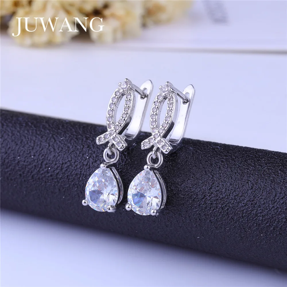

JUWANG Brand Sparkling Cubic Zirconia Drop Earring Sliver Color Waterdrop Austrian Crystal Earrings Fashion Jewelry