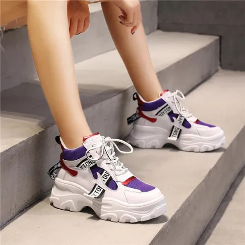

LZJ 2019 Spring New Leather Women's Platform Chunky Sneakers Fashion Women Flat Thick Sole Shoes Woman Dad Footwear S1280
