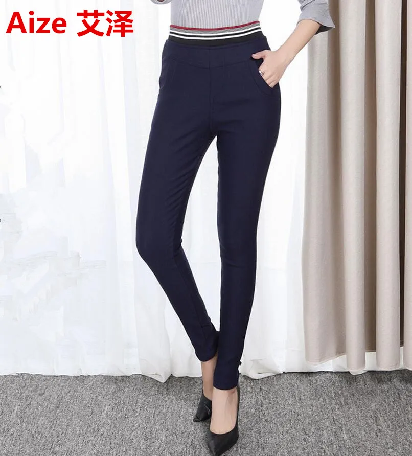 2017 Autumn Winter New Women Fashion Slim Plus Velvet Stretch Jeans Casual Striped Elastic High Waist