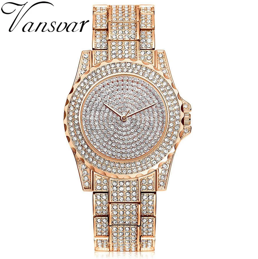 

Vansvar Brand Luxury Women Dress Rhinestone Crystal Quartz Watch Rose Gold Watch Women Stainless Steel Alloy Wristwatches Gift