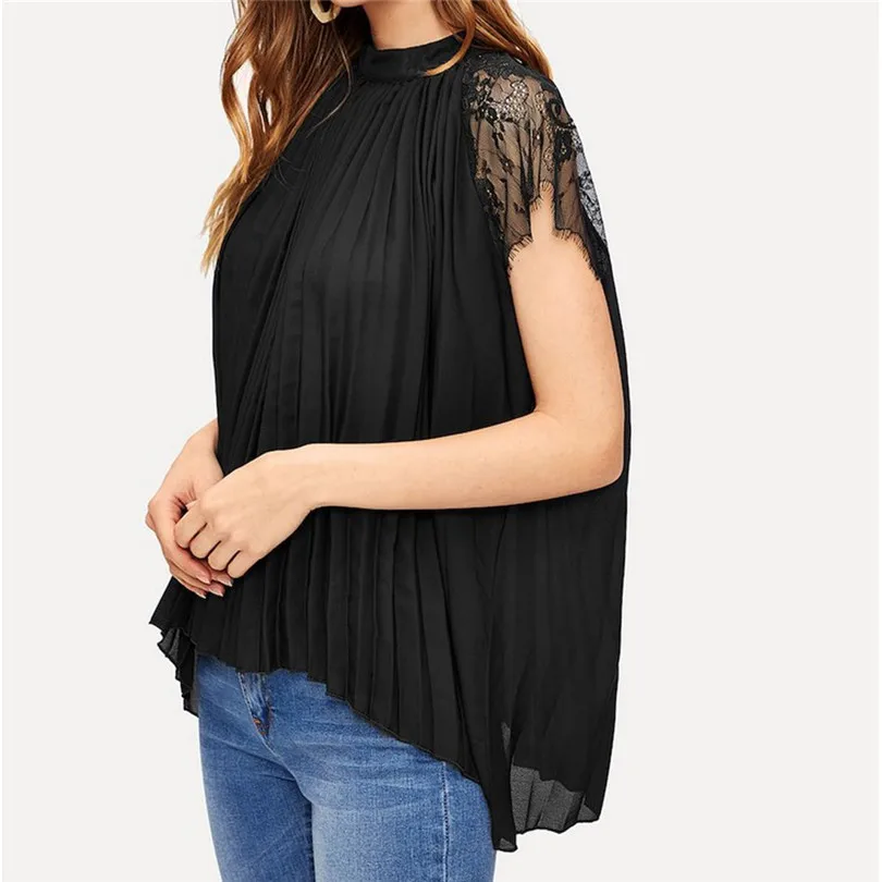 Women Clothes Summer O-Neck Lace stitching pleated loose chiffon Shirt Top Daily Fashion Casual Ladies Tops #4M19 (3)
