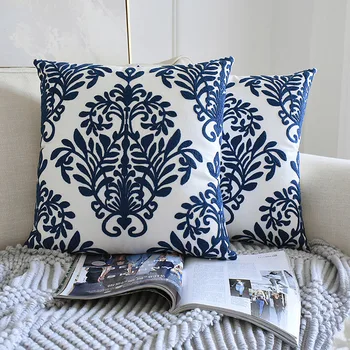 

Geometric Embroidered Cushion Cover Floral Canvas Cotton Suqare Embroidery Pillow Case Sofa Office Chair Decor 45x45cm