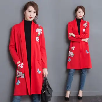 

Brieuces spring new women embroidery sweater coat woman long section shawl knit cardigan jacket