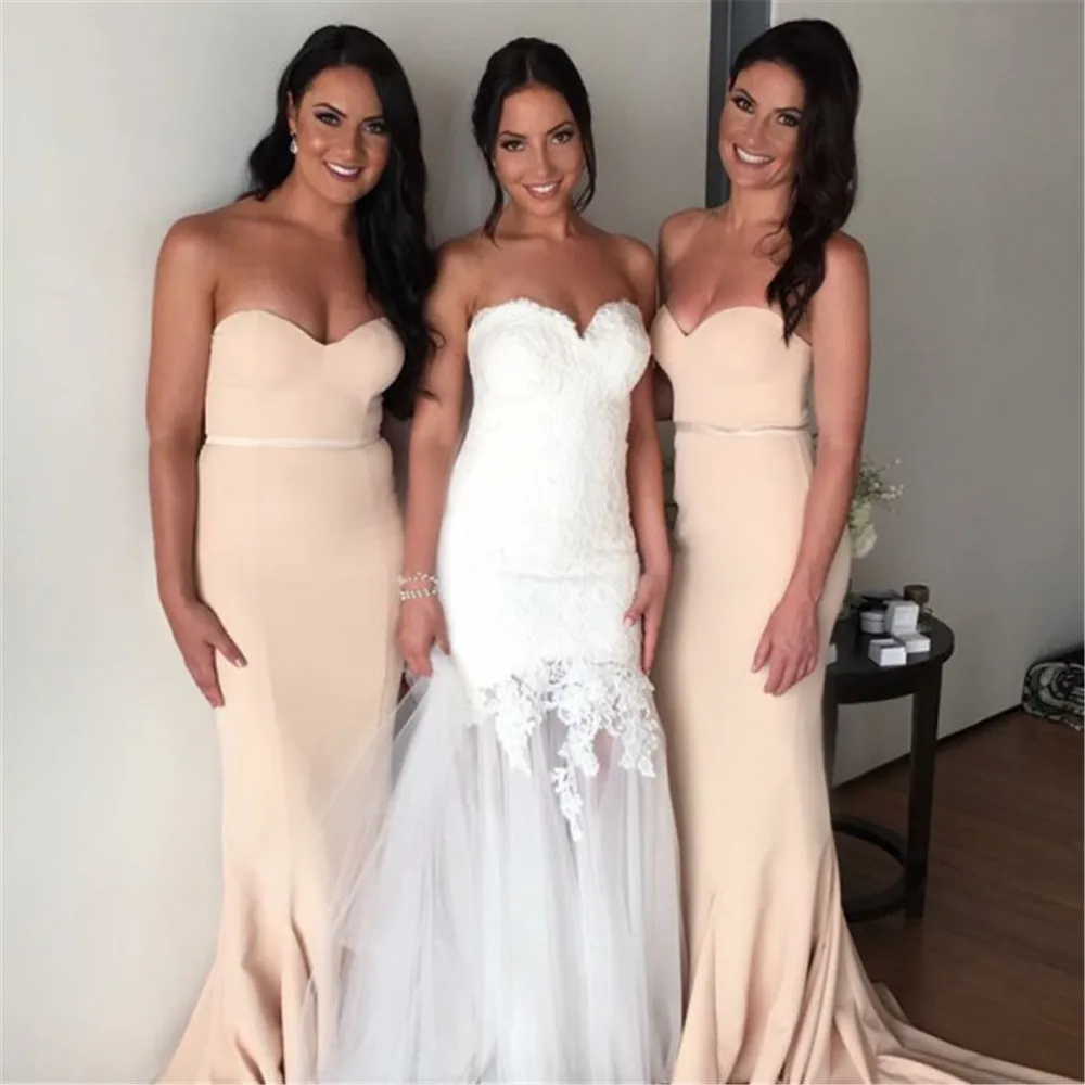 

2019 Simple Mermaid Maid Of Honor Dresses Strapless Sweep Train Elastic Satin Long Dress Bridesmaid Cheap Wedding Party Gowns