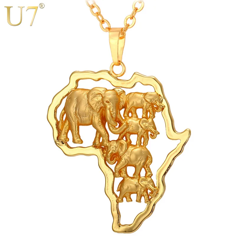 

u7 Gold Plated Elephant Men Africa Necklace For Women Fashion Party 2016 African Map Pendant Necklace Hiphop Animal Jewelry P773