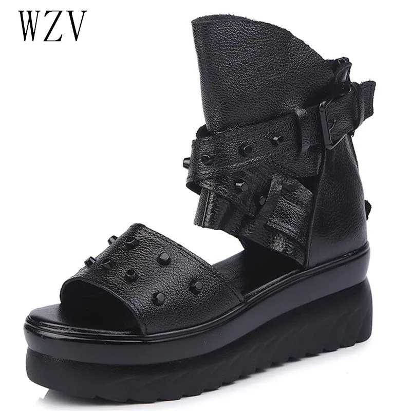 

6cm Platform Sandals Women Wedge High Heels Shoes Women Buckle Leather Summer Zapatos Mujer Rivets Woman Sandals H361