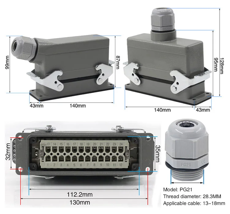Superior e Lateral Heavy duty Conector Retangular Hdc he 4 e 6 e 10 e 16 e 20 e 24 e 32 e 48 Núcleo Plugue Aviação 16a Industrial à Prova d' Água 19 aviação plug 16a parte superior e lateral