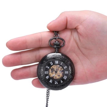 

Retro Black Flower Hollow Mechanical Pocket Watch For Mens Steel Steampunk Unique Womens Mens Fob Chain Pocket Watches