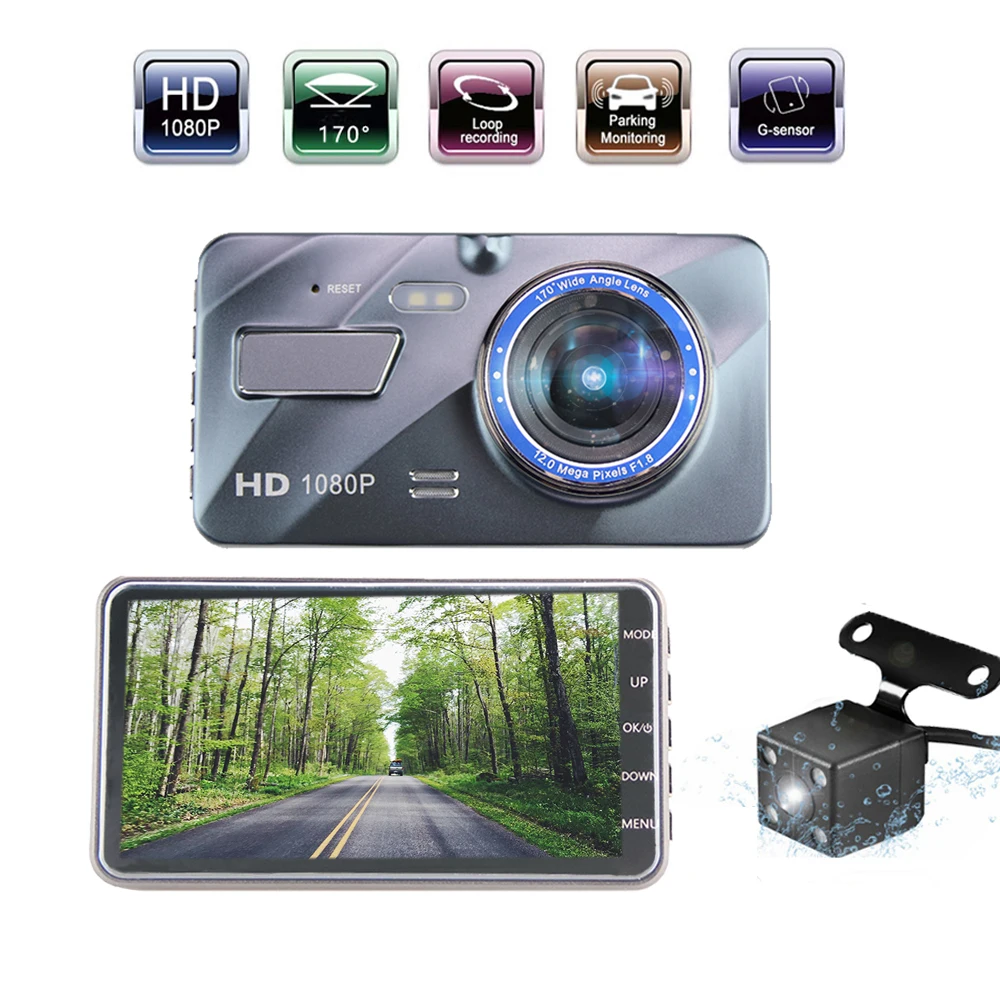 

4" IPS Screen Dual Lens Car DVR Loop Recorder + Motion Detection Night Vision Camera HD 1080P Rear View Dash Cam Car Recording