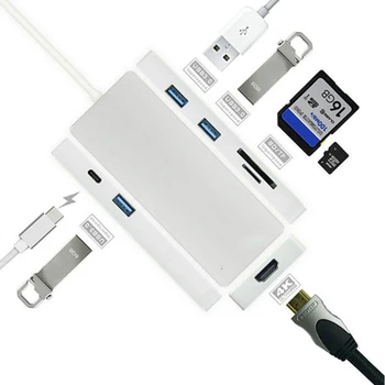 

7 in 1 Combo 3 Port USB 3.0 Hub Type C USB 3.1 to 4k x2k HDMI Adapter SD/TF Card Reader with Charging Port for Macbook Pro