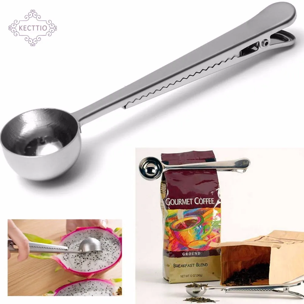 

KECTTIO2018 Silver Stainless Steel Ground Coffee Tea Measuring Scoop Spoon With Bag Seal Clip