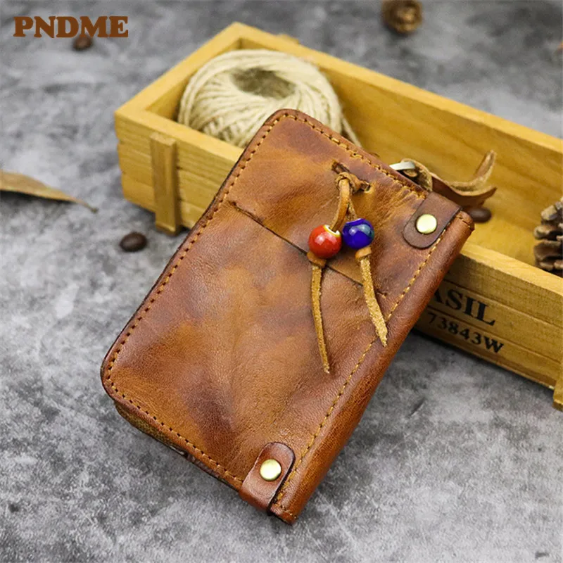 

PNDME vintage simple first layer cowhide key case handmade soft genuine leather small with coin zipper credit cards bags purse